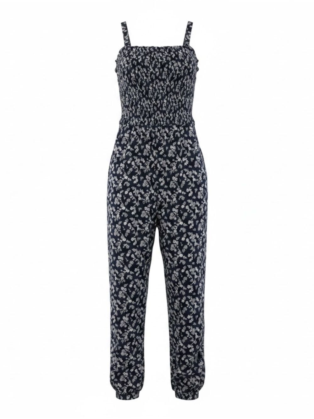 Aqua Girls Blue White Floral Print Smocked Sleeveless Jumpsuit Size L